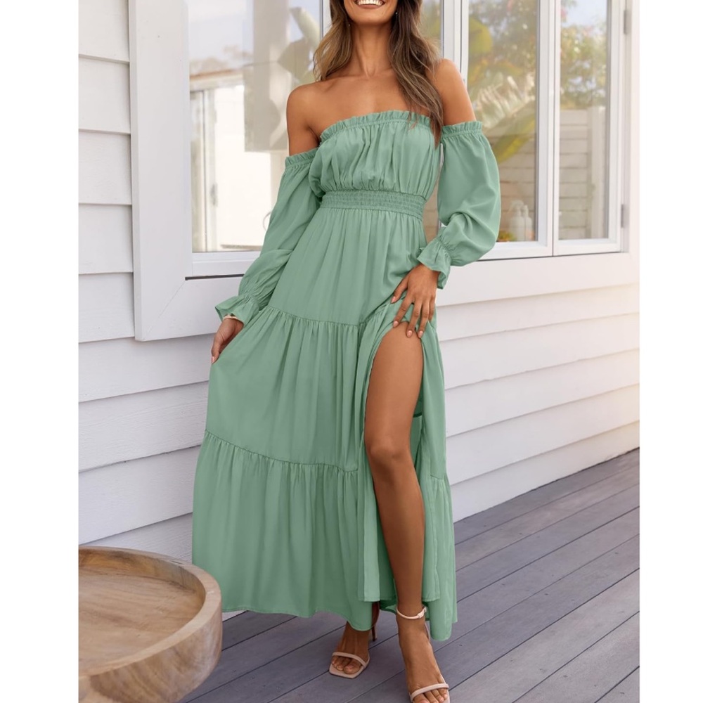 Boho Off-Shoulder Long Sleeve A-line Long Maxi Dress - Sz L (US 12-14) Green - Picture 5 of 7